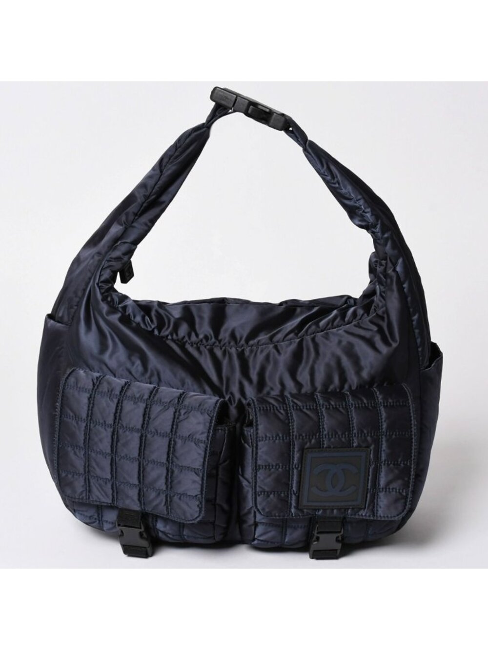 Chanel Sports Line Bag CC Logo Choco Bar Nylon Navy Silver